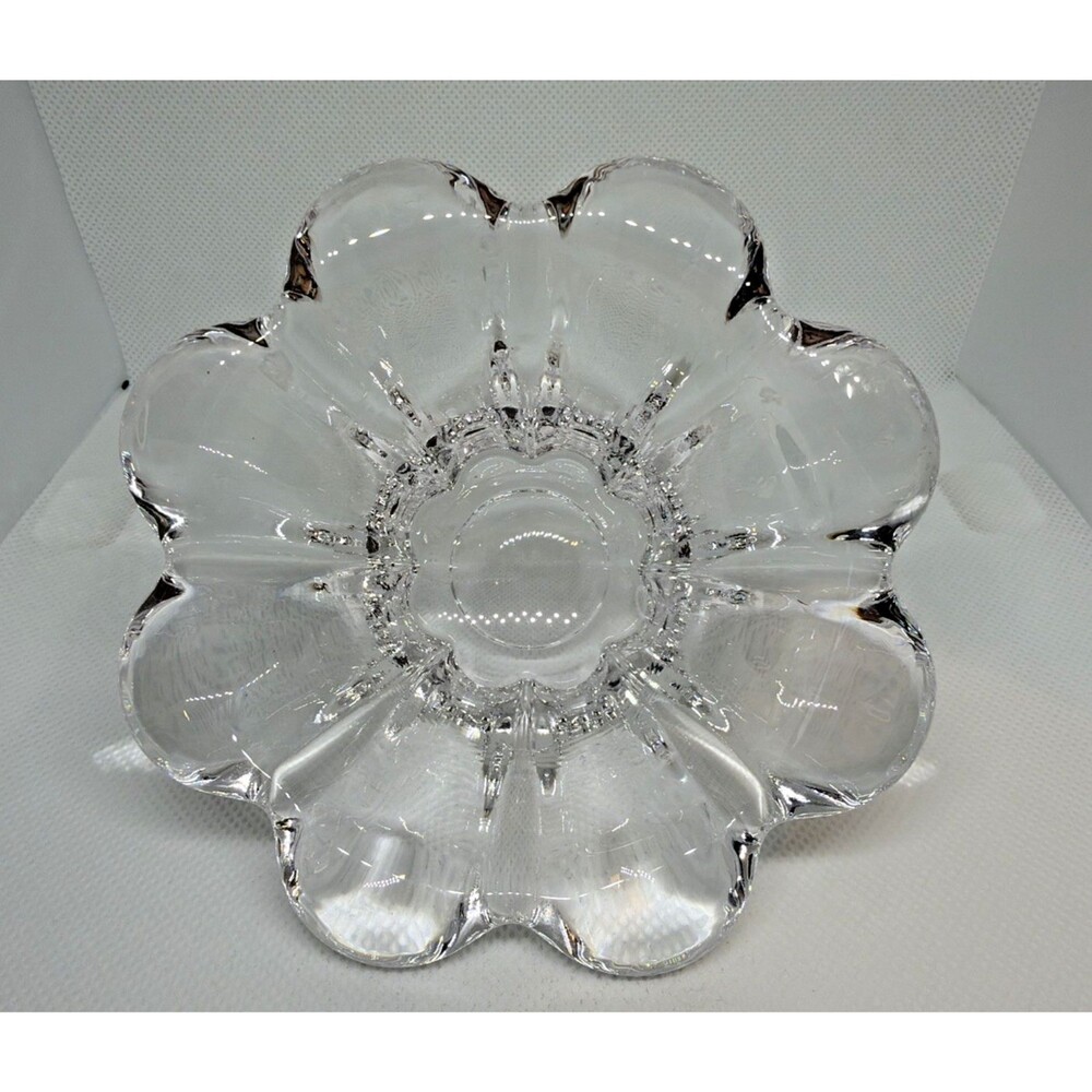 Vintage Clear Crystal Flower Petal Bowl Scalloped 8-Panel Candy Dish Small 4.5”